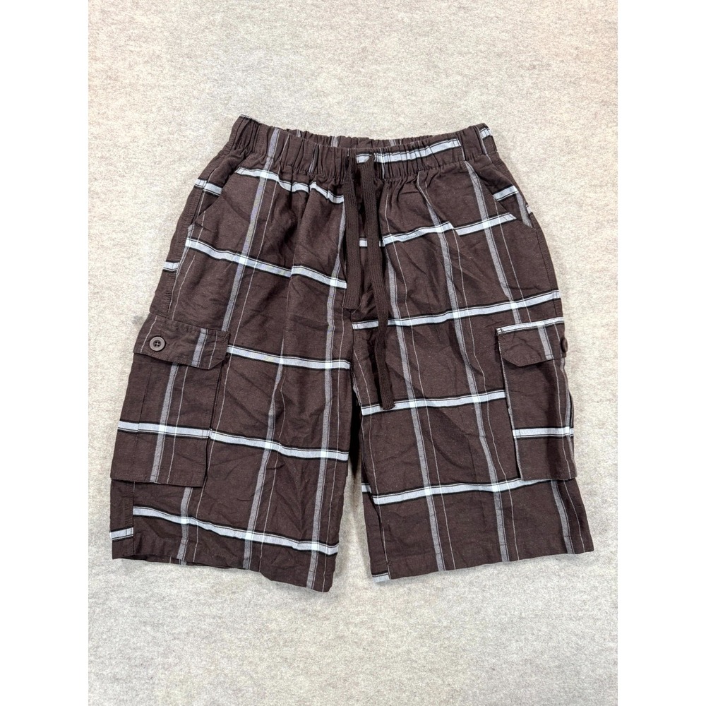 Renegade Sportswear Cargo Shorts Mens XL Brown Plaid Pockets Drawstring Waist